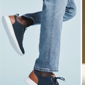 Johnston & Murphy Navy Knit Sneakers with Brown Heel Accent